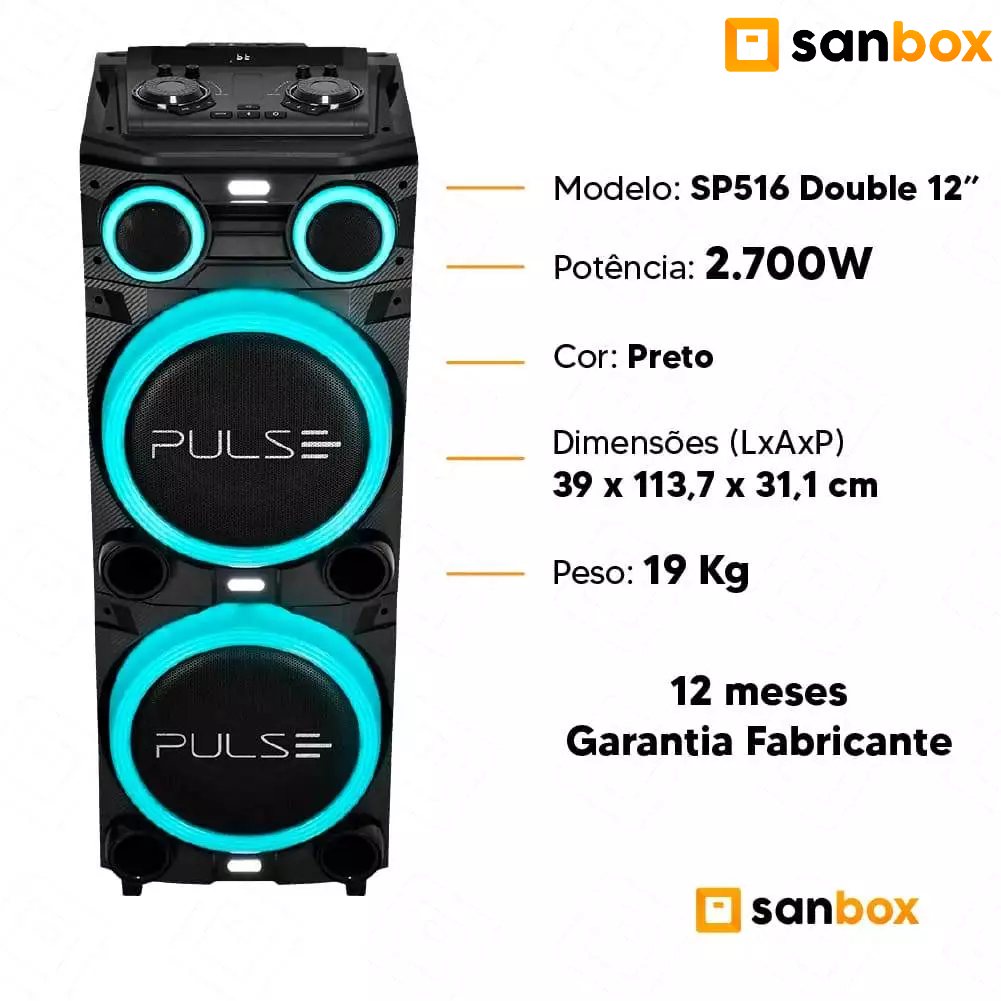 Caixa De Som Pulse Torre Sp516 Double 12pol Led 2700w - 2 Mic