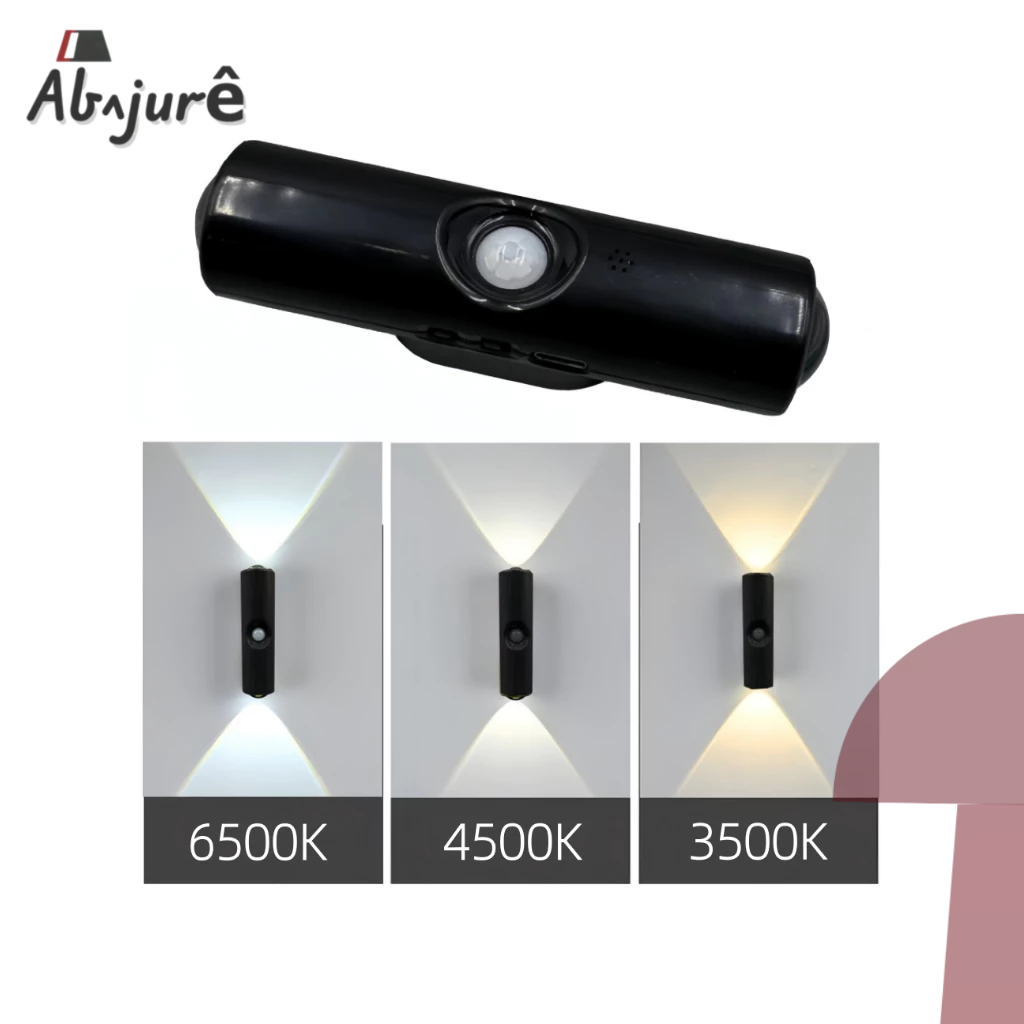 Arandela Com Sensor Recarregável USB Luz Noturno LED Lâmpada De Parede 2 Fachos Interno Preto Branco
