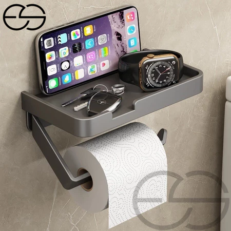 Suporte Porta Papel Higienico Preto e Suporte para Celular Com Adesivo