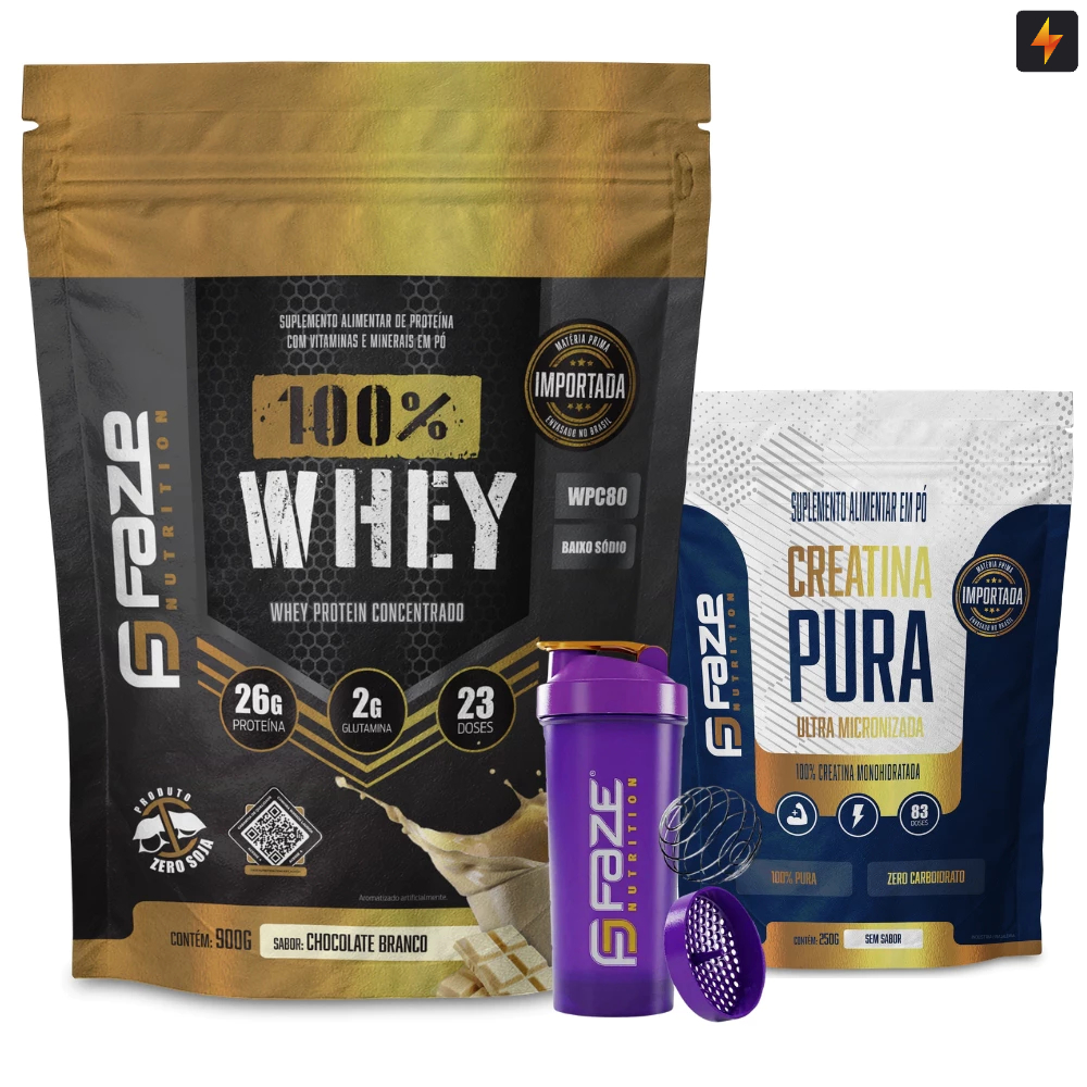 Kit Completo De Treino 100% Whey Concentrado 900g + Creatina Pura 250g + Coqueteleira Faze Nutrition