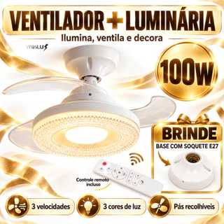 Ventilador De Teto Retratil Com LED 3 Em 1 Bocal E27 Retratil 100W Bivolt Com Controle Cristal Acrílico