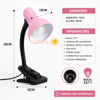 Luminária Abajur Articulável Com Garra Presilha Bivolt Quarto Escritório Leitura Salão Manicure E27