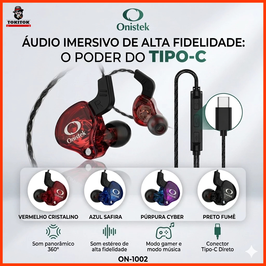 Fone de Ouvido Gamer Tipo-C Estéreo com Microfone Grave HD Controle ON-1002