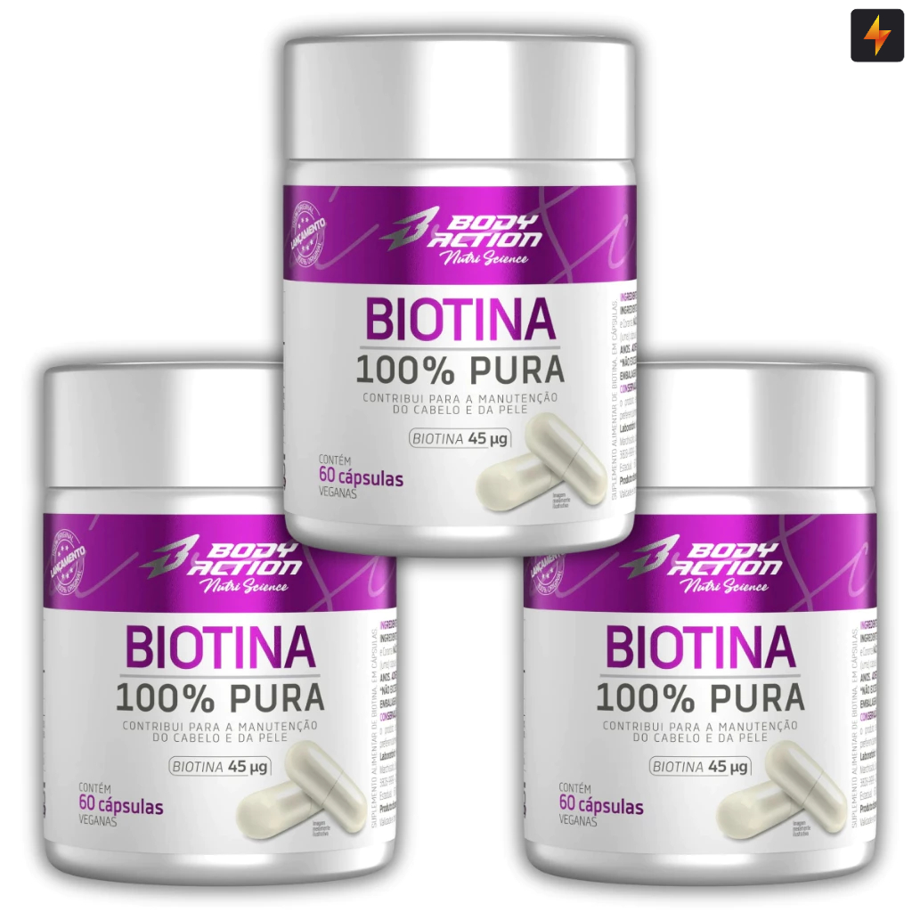 Kit 3x Biotina 100% Pura 60 Cápsulas Manutenção da Pele, Cabelo e Unha - Body Action
