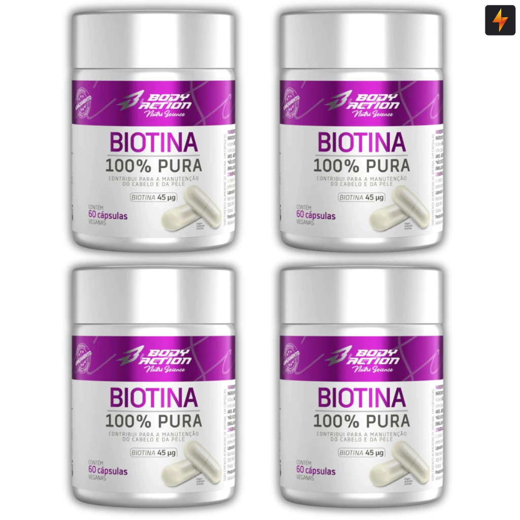 Kit 4x Biotina 100% Pura 60 Cápsulas Manutenção da Pele, Cabelo e Unha - Body Action