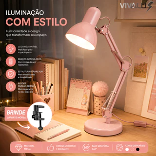Luminária De Mesa Articulado Articulável Com Morsa Para Estudo Leitura Salão De Beleza Manicure E27