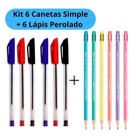 Kit 6 canetas simples 2 cada cor + 6 lápis perolado Leo&Leo