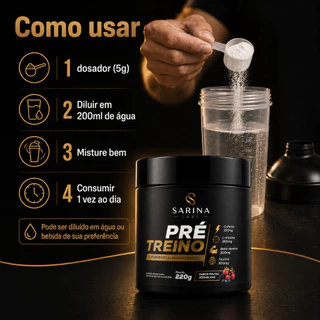 Pré Treino Suplemento em Pó 220g Cafeína L-Tirosina Beta-Alanina Taurina Sabor Frutas Vermelhas Sarina Labs