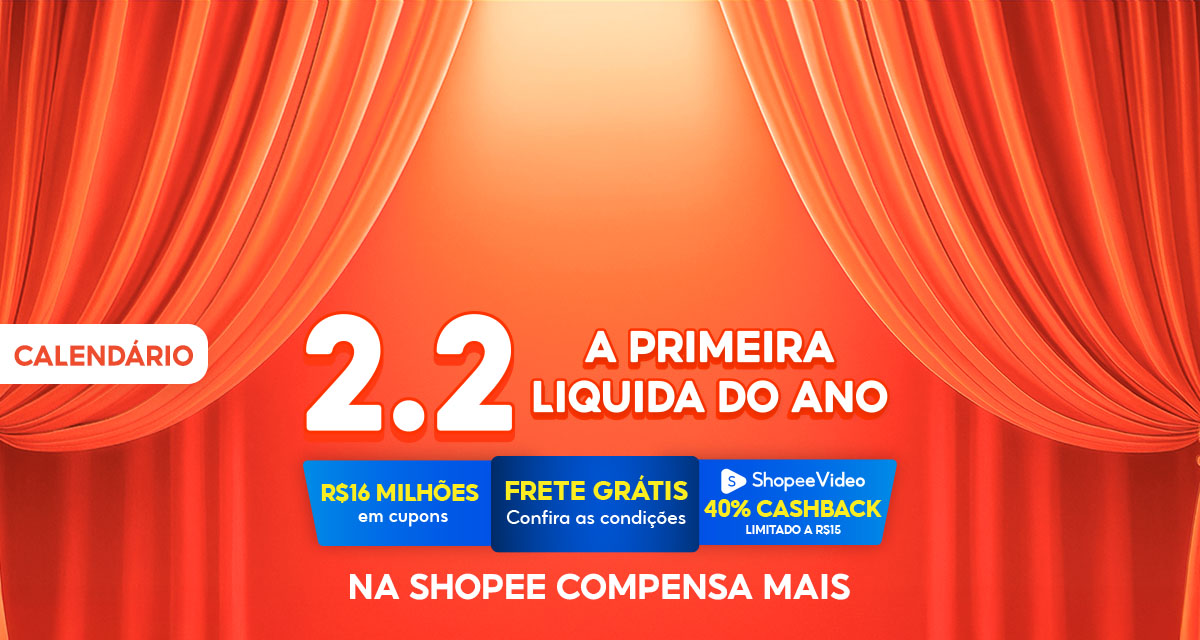 Calendário. 2 do 2 a primeira liquida do ano. 16 milhões em cupons, frete grátis confira as condições. shopeevideo 40 por cento cashback limitado a 15 reais. na shopee compensa mais