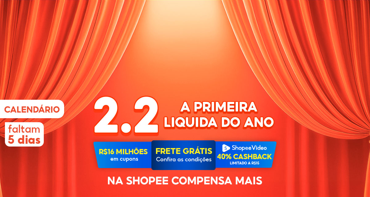 calendário. faltam 5 dias. 2 do 2. a primeira liquida do ano. 16 milhões em cupons. frete grátis. confira as condições. shopeevideo 40 por cento de cashback limitado a 15 reais. na shopee compensa mais.