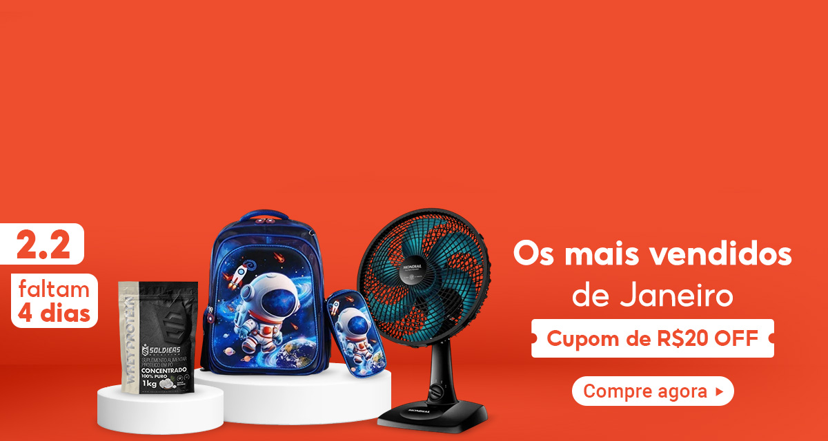 2 do 2. Faltam 4 dias. Os mais vendidos de Janeiro. Cupom de 20 reais off. Whey Protein Concentrado 1kg. Kit Escolar Infantil. Ventilador de Mesa Mondial. Compre agora. 