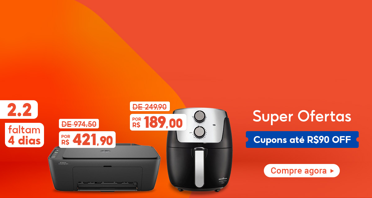 2 do 2. Faltam 4 dias. Super Ofertas. Cupons até 90 reais off. Air Fryer Britânia 4,2 litros de 249,90 reais  por 189 reais. MULTIFUNCIONAL HP JATO de 974,50 reais por 421,90 reais. Compre agora. 