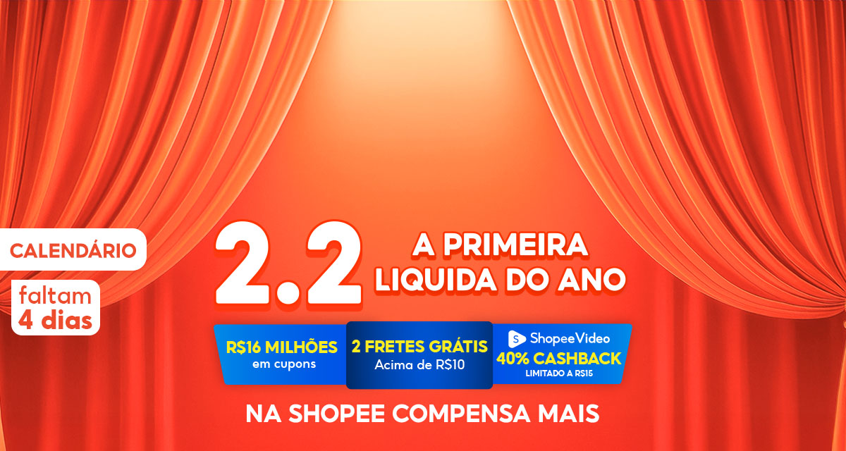 Calendário. Faltam 4 dias. 2 do 2. A primeira liquida do ano. 16 milhões de reais em cupons. 2 Fretes grátis. Confira as condições. ShopeeVídeo 40 por cento de cashback limitado a 15 reais. Na Shopee compensa mais. 