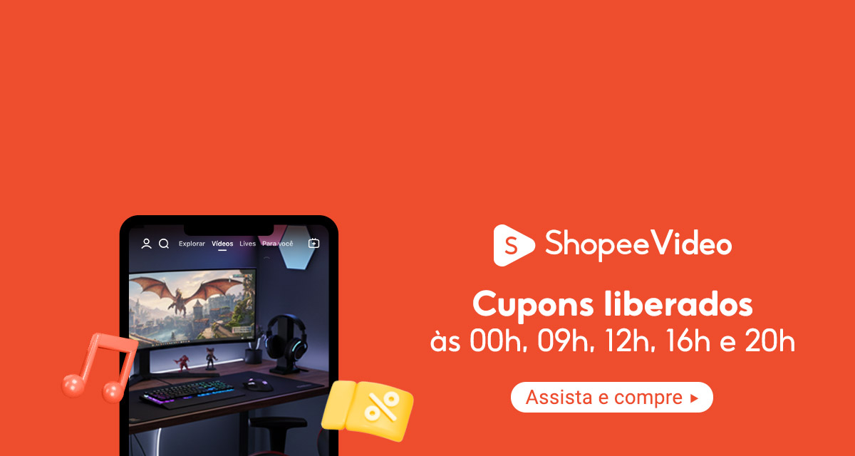 Shopeevideo. Cupons liberados às 00 horas, 09 horas, 12 horas, 16 horas e 20 horas. assista e compre.