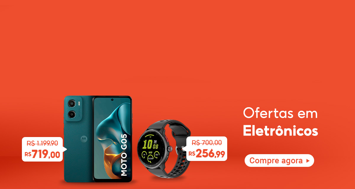 Ofertas em eletrônicos. Smartphone Motorola Moto de 1.199,90 reais por 719 reais. Smartwatch GPS BETTDOW Titanium de 700 reais  por 256,99 reais. Compre agora.