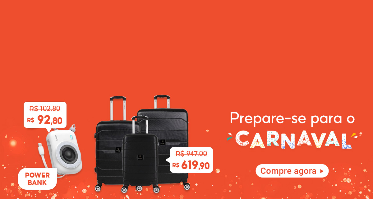 Prepare-se para o carnaval. Bateria Portátil Power Bank de 102, 80 reais por 92,80 reais. Conjunto de malas de viagem de 947 reais por 619,90 reais. Compre agora. 
