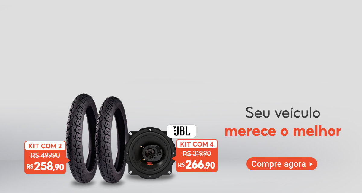 Kit com 2 pneus, de 499 e 90 por 258 e 90. Kit com 4 alto falantes, de 319 e 90 por 266 e 90. Seu veículo merece o melhor. Compre agora.