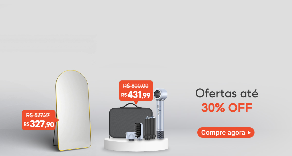Espelho, de 527 e 27 por 327 e 90. Conjunto de secador de cabelo, de 800 por 431 e 99. Ofertas até 30 por cento off. Compre agora.