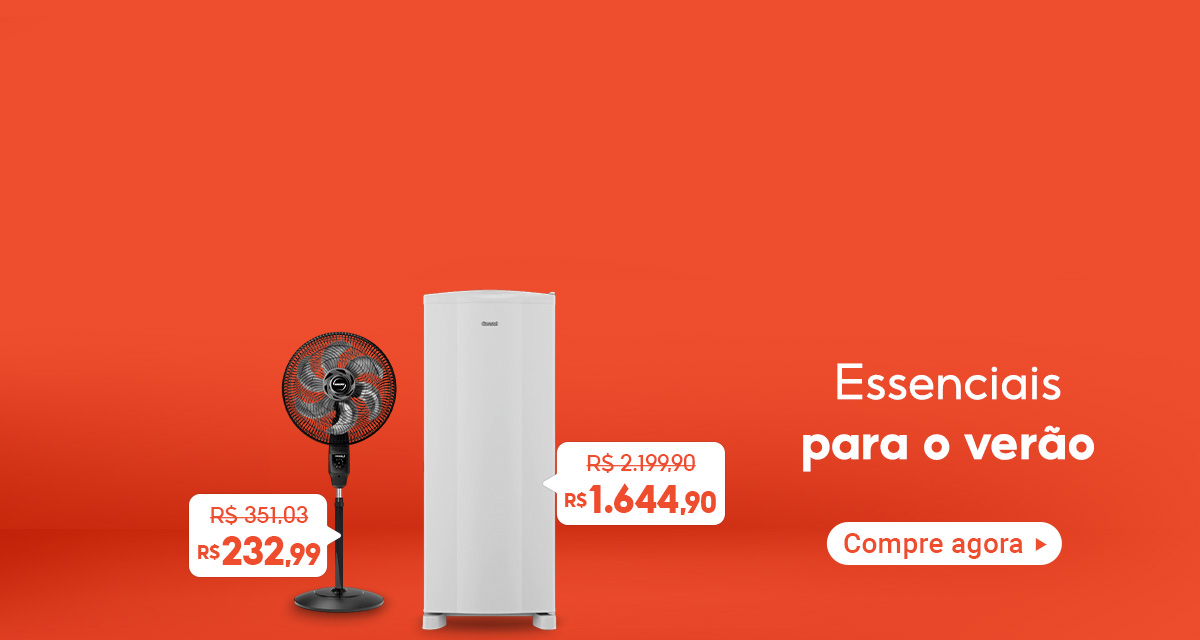 Essenciais para o verão. Geladeira consul degelo seco de 2.199,90 por 1.644,90 reais. Ventilador Coluna Mallory de 351,03 por 232,99 reais. Compre agora. 