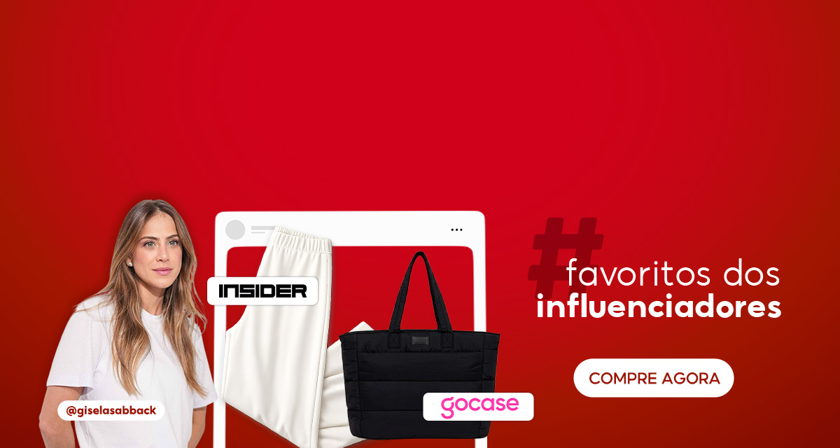 Hashtag Favoritos dos influenciadores. @giselasabback. Calça Wide Insider. Bolsa Tote Puffer Gocase. Compre agora. 