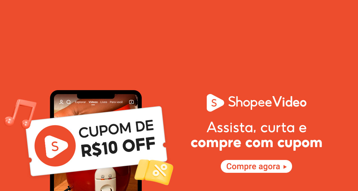 shopeevideo. cupom de 10 reais off. assista, curta e compre com cupom. compre agora