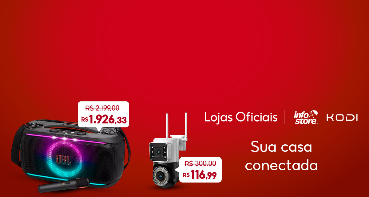 Lojas Oficiais. Info Store. Kodi. Sua casa conectada. Câmera de Segurança de 300 reais por 116,99 reais. Caixa de som JBL de 2.199 reais por 1.926,33 reais. 