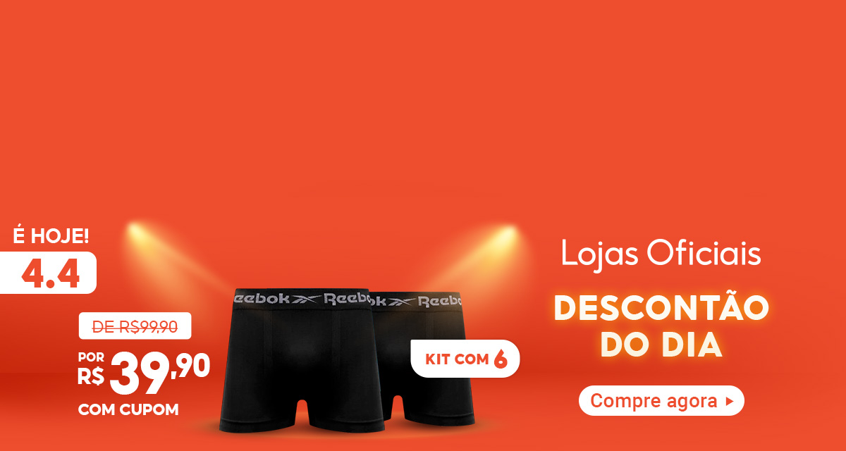 É hoje! 4.4. Lojas oficiais. Descontão do dia. Kit 6 cuecas boxer Reebok. De 99,90 por 39,90 com cupom. Compre agora.