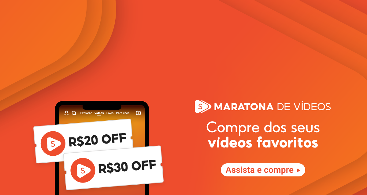 Maratona de Vídeos. Compre dos seus vídeos favoritos. Cupom de 20 reais OFF. Cupom de 30 reais OFF. Assista e compre.