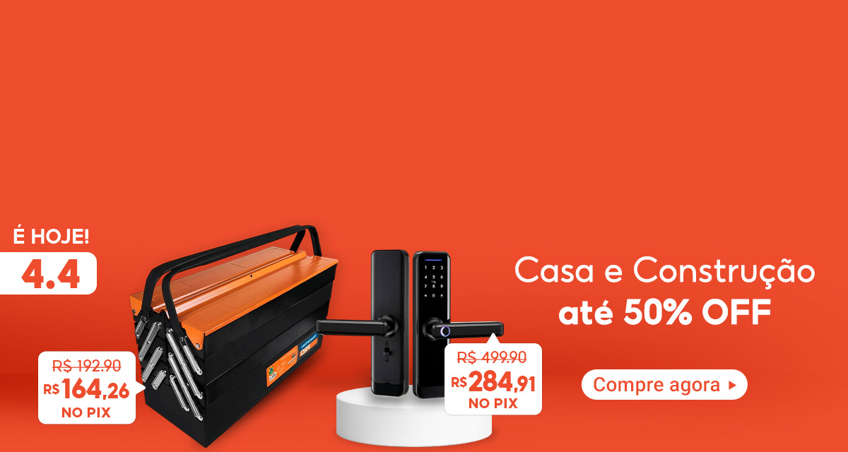 É hoje! 4 do 4. Casa e construção até 50 por cento off. Caixa de Ferramentas. De 192,90 por 164,26 no Pix. Fechadura Eletrônica Digital. De 499,90 por 284,91 no Pix. Compre agora.
