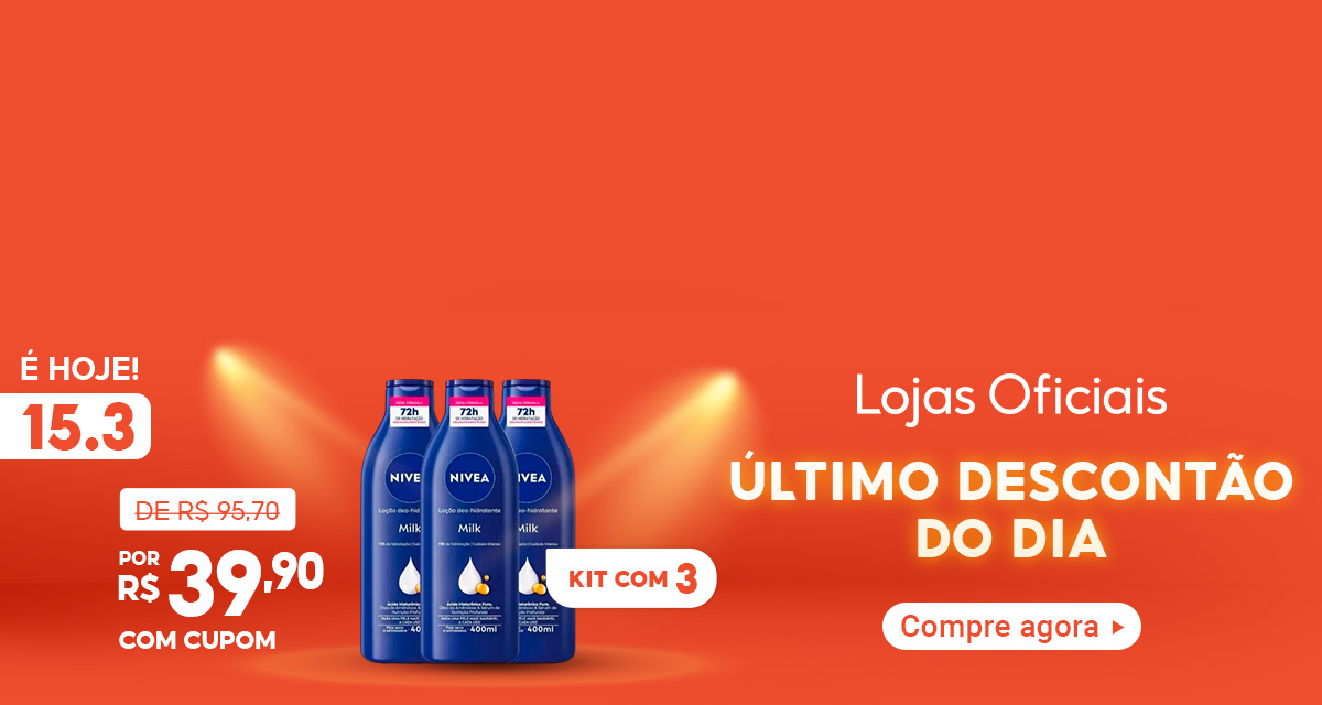 é hoje 15 do 3. kit nivea de 95,70 reais por 39,90 reais com cupom. lojas oficiais. último descontão do dia. compre agora