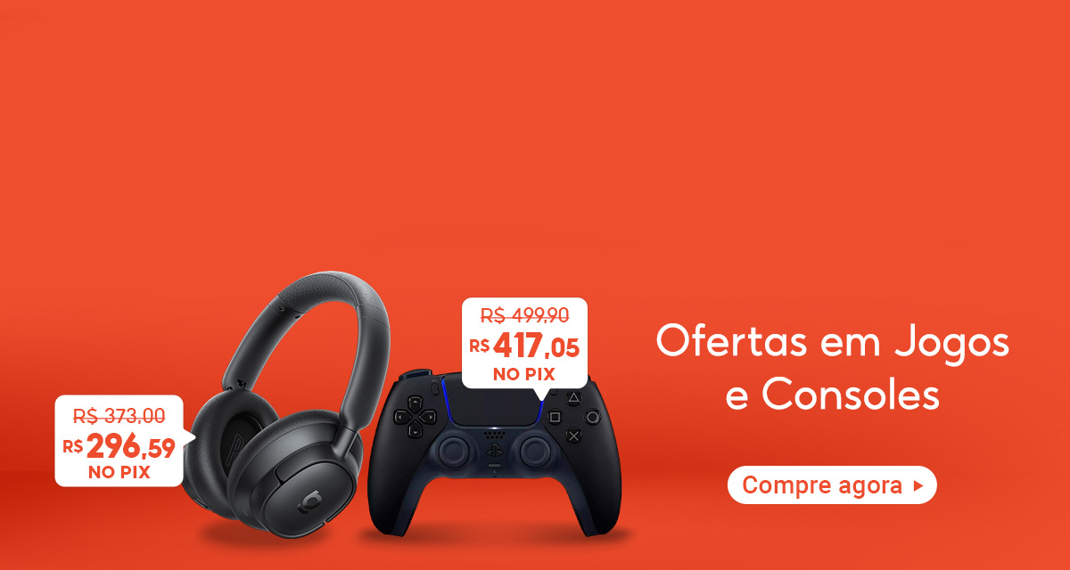 ofertas em jogos e consoles. Headphone Baseus BH1 de 373 reais por 296 reais e 59 centavos no pix. Controle PS5 Dualsense de 499 reais e 90 centavos por 417 reais e 05 centavos no pix. compre agora.