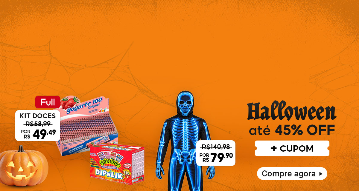 Full. Halloween até 45 por cento off. Kit Doces, de 58 reais e 99 centavos por 49 reais e 49 centavos. Fantasia de esqueleto, de 140 reais e 98 centavos por 79 reais e 90 centavos. Mais cupom. Compre agora.