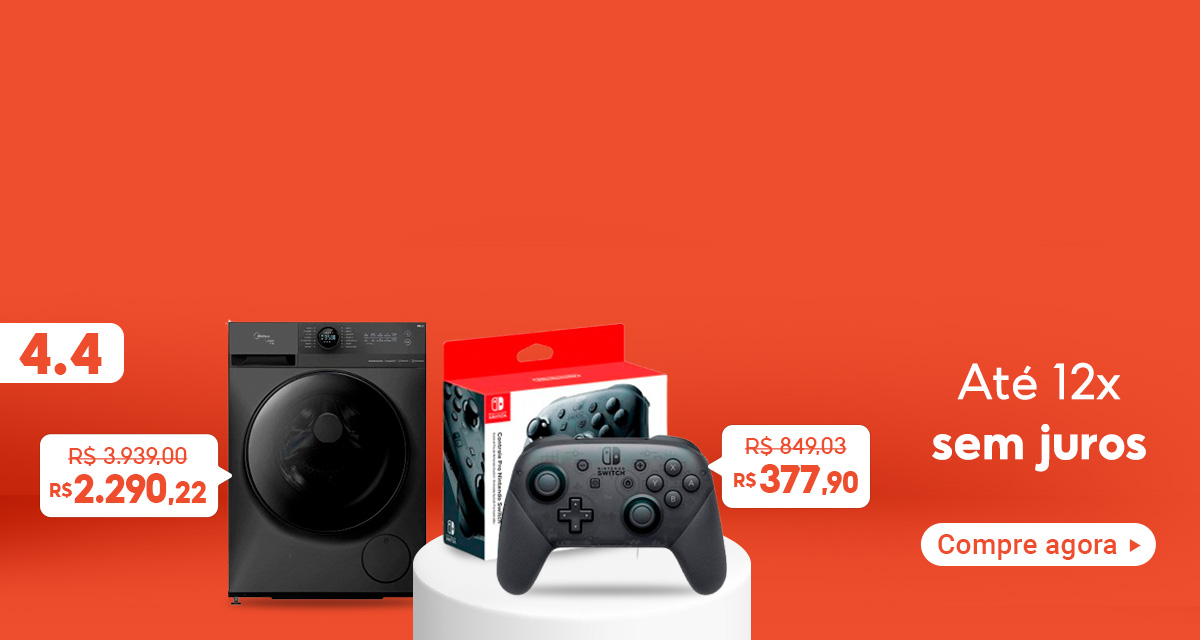 4 do 4. Até 12 vezes sem juros. Compre agora. Máquina de Lavar de 3.939 reais por 2.290,22 reais. Controle Nintendo Switch de 849,03 reais por 377,90 reais. 