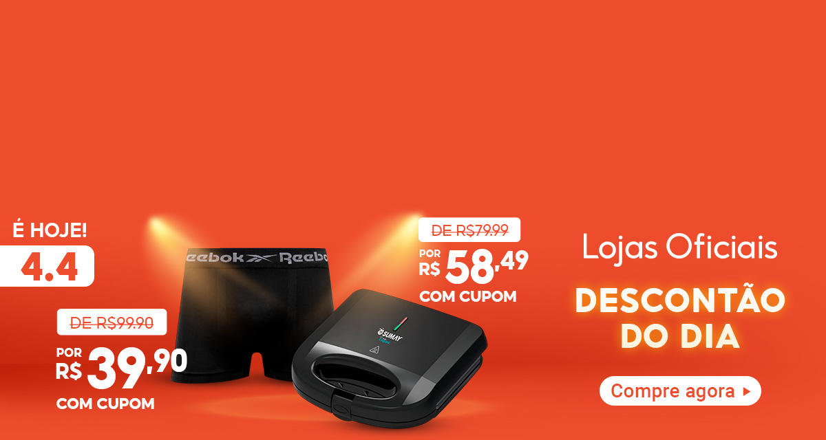 É hoje! 4.4 Lojas oficiais. Descontão do dia. Kit de cueca de 99 reais e 90 centavos por 39 reais e 90 centavos com cupom.  Sanduicheira Grill. De: 79,99 por 58,49 com cupom. Compre agora.