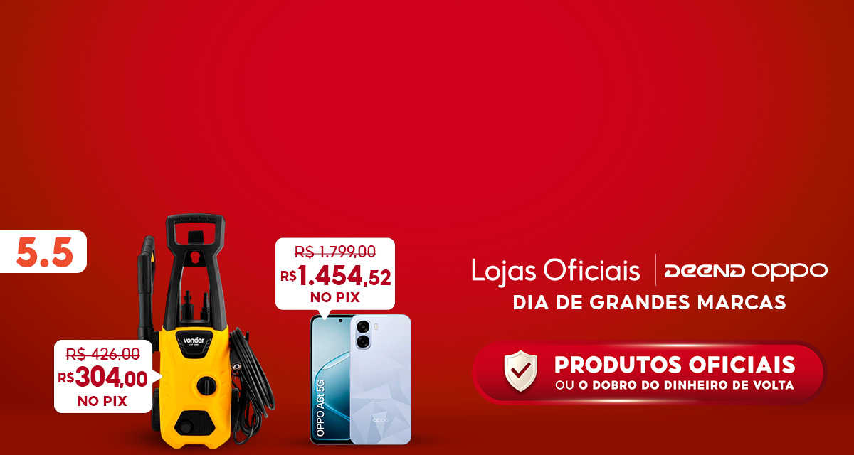 5 do 5. Lojas Oficiais. Deend oppo. Dia de grandes marcas. Produtos oficiais ou o dobro do dinheiro de volta. Smartphone OPPO A6T Azul de 1.799 reais por 1.454,52 reais no pix. Lavadora Alta Pressão de 426 reais por 304 reais no pix.