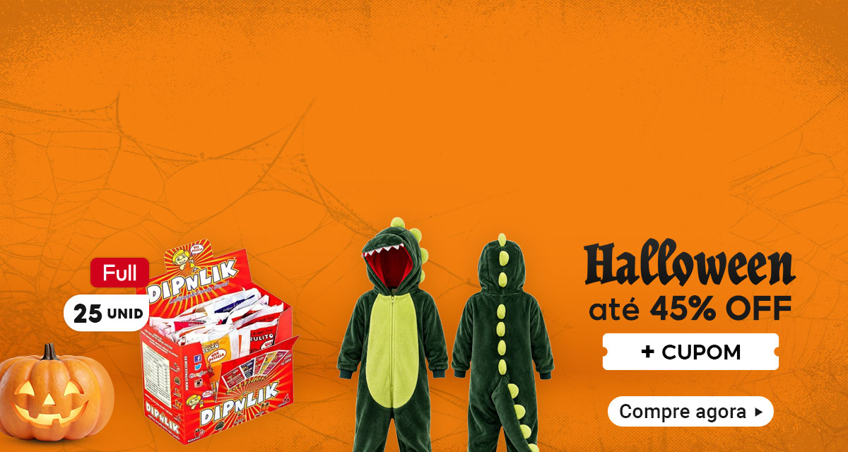 Promoção Halloween com até 45 por cento off e mais cupom. Caixa Full de doces Dipnlik com 25 unidades e fantasias de dinossauro infantis. Compre agora.