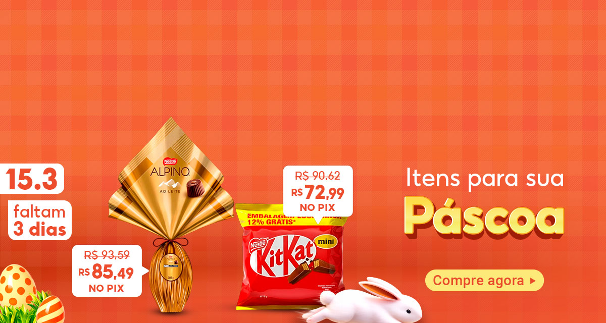 15 do 3. Faltam 3 dias. Itens para sua páscoa. Ovo de páscoa de 93,59 por 85,49 no pix. Pacote de chocolate de 90,62 por 72,99 no pix.