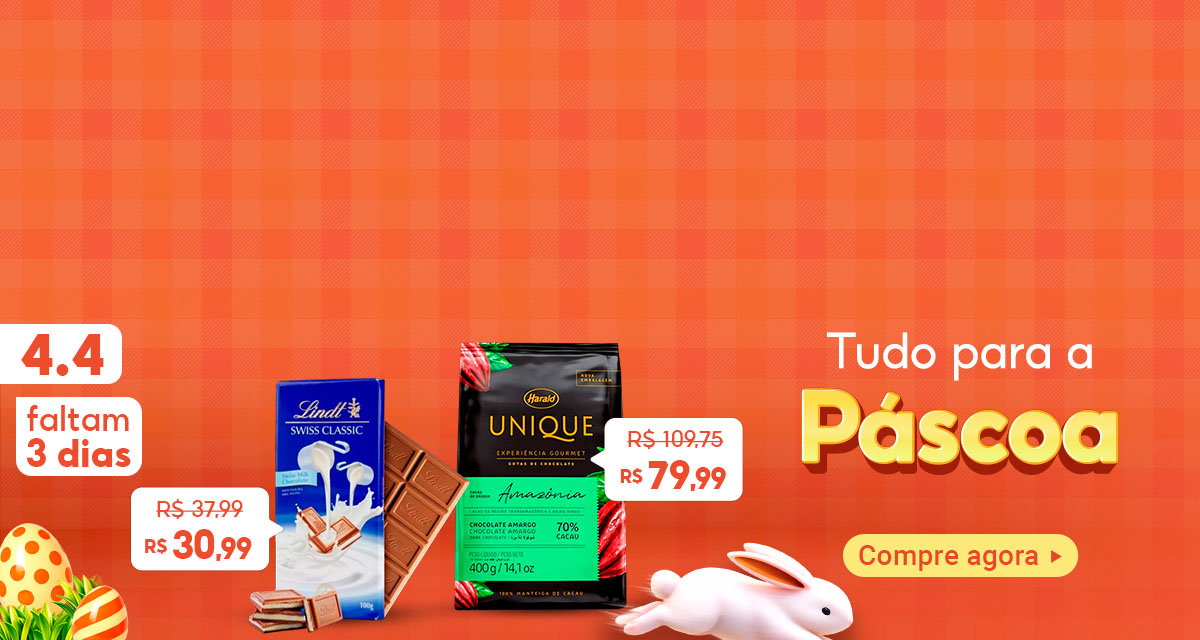 4 do 4. Faltam 3 dias. Barra de chocolate, de 37 e 99 por 30 e 99. Chocolate Unique Amazônia, de 109 e 75 por 79 e 99. Tudo para a Páscoa. Compre agora.