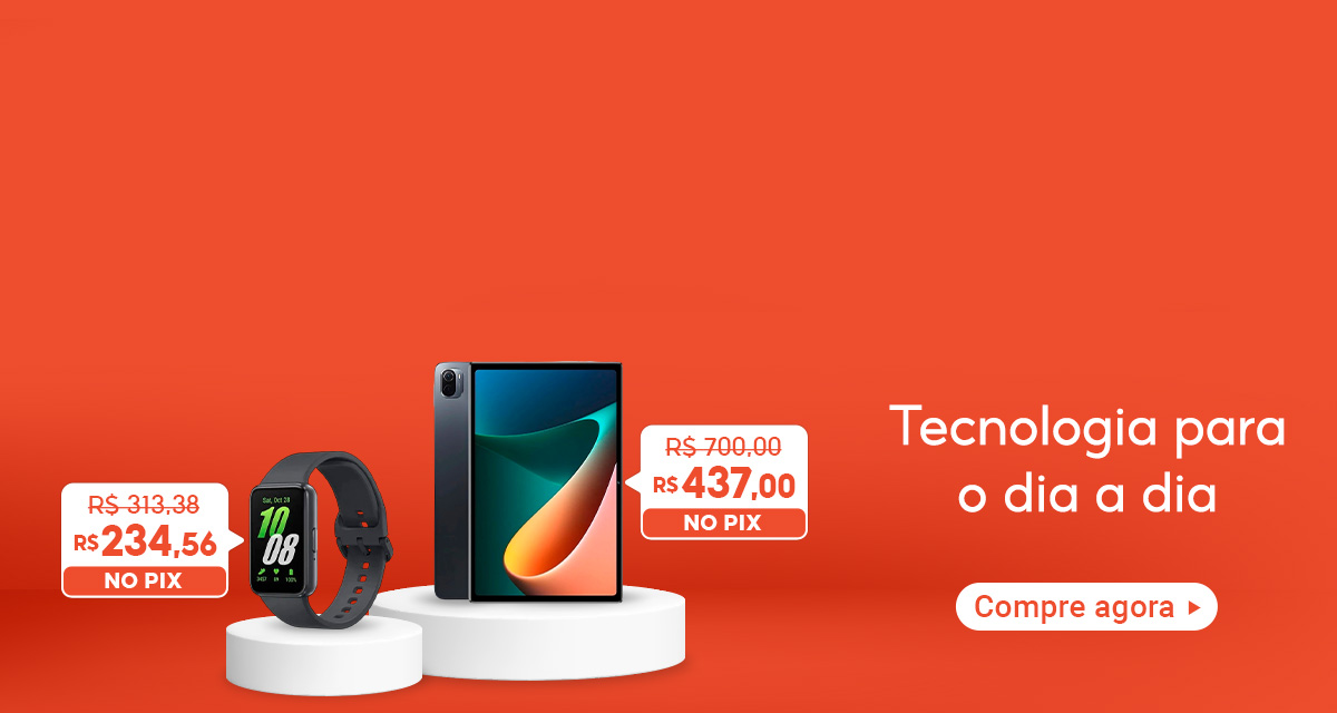 Tecnologia para o dia a dia. Tablet  De: R$700.00 → Por: 437.00 No Pix  Samsung Smartwatch Galaxy De 313.38 Por: R$234.56 No pix