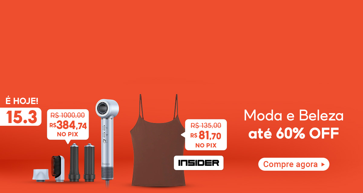 É hoje 15 do 3. Moda e Beleza até 60 por cento OFF. Compre agora. Secador de cabelo GOKOCO de 1.000 reais por 384,74 reais no pix. The Perfect Top Insider de 135 reais por 81,70 reais no pix.