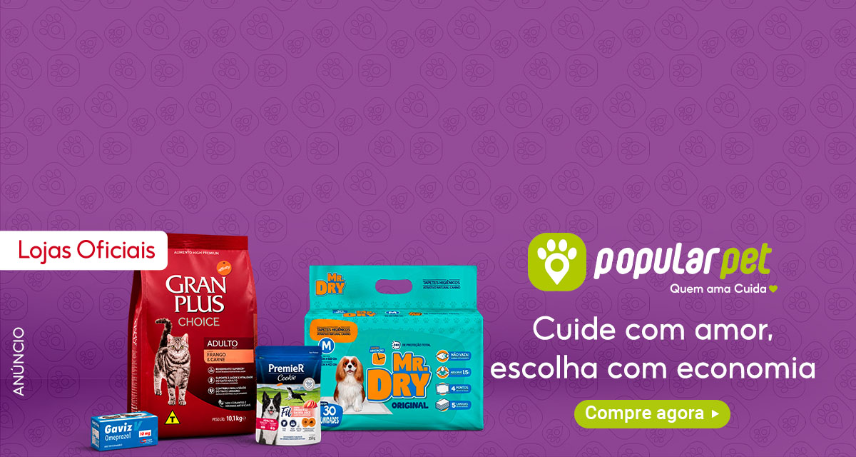 Lojas Oficiais. Ração Gran Plus Choice Adulto 10,1 quilos, Gaviz Omeprazol, Premier Cookie, tapetes higiênicos Mr. Dry Original 30 unidades M. Popular Pet: Quem ama Cuida. Cuide com amor, escolha com economia. Compre agora.