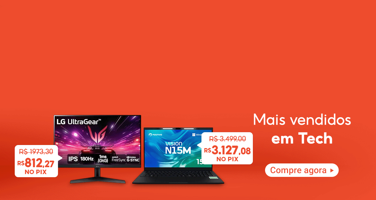 Mais vendidos em tech. Monitor Gamer LG. De 1.973,30 por 812,27 no pix. Notebook Positivo Vision. De 3.499 por 3.127,08 no pix. Compre agora.
