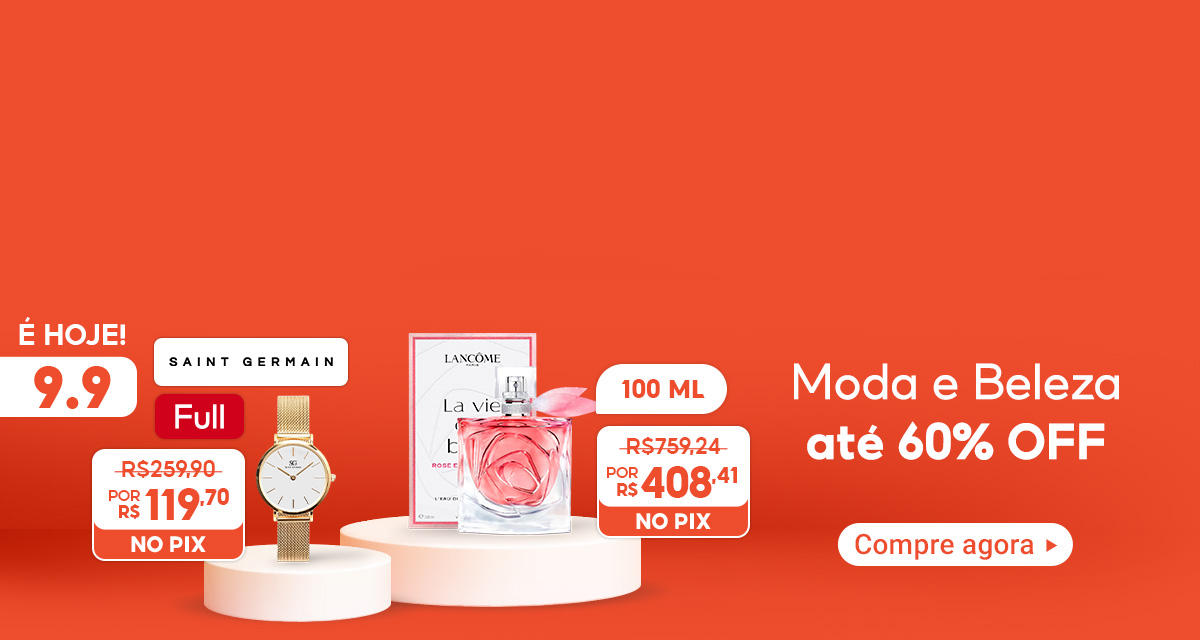 É hoje! 9 do 9. Moda e Beleza até 60 por cento off. Relógio Saint Germain Full de 259 reais e 90 centavos por 119 reais e 70 centavos no Pix. Perfume La vie est belle 100 ml de 759 reais e 24 centavos por 408 reais e 41 centavos no Pix. Compre agora.