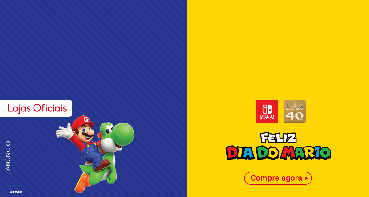 Anúncio. Lojas Oficiais. Feliz dia do Mario. Compre agora. 