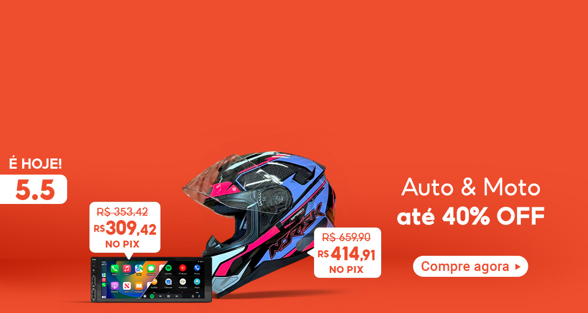 É hoje 5 do 5 auto & moto até 40 por cento off. compre agora Capacete Moto Fechado (SPEEDMAX ROXO/ROSA,58- M) de 659,90 por 414,91 no pix . Central Multimídia MP6 de 353,42 por 309,42 no pix. 