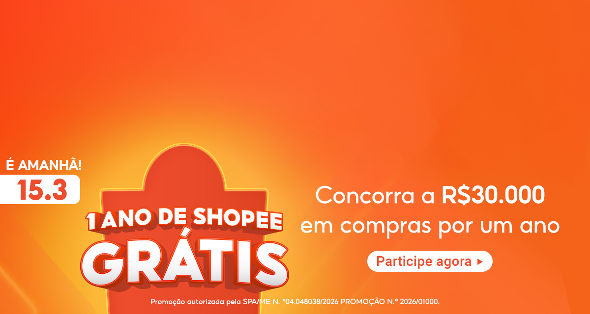 É amanhã! 15 do 3. 1 ano de Shopee Grátis. Concorra a 30.000 reais em compras por um ano. Participe agora.
