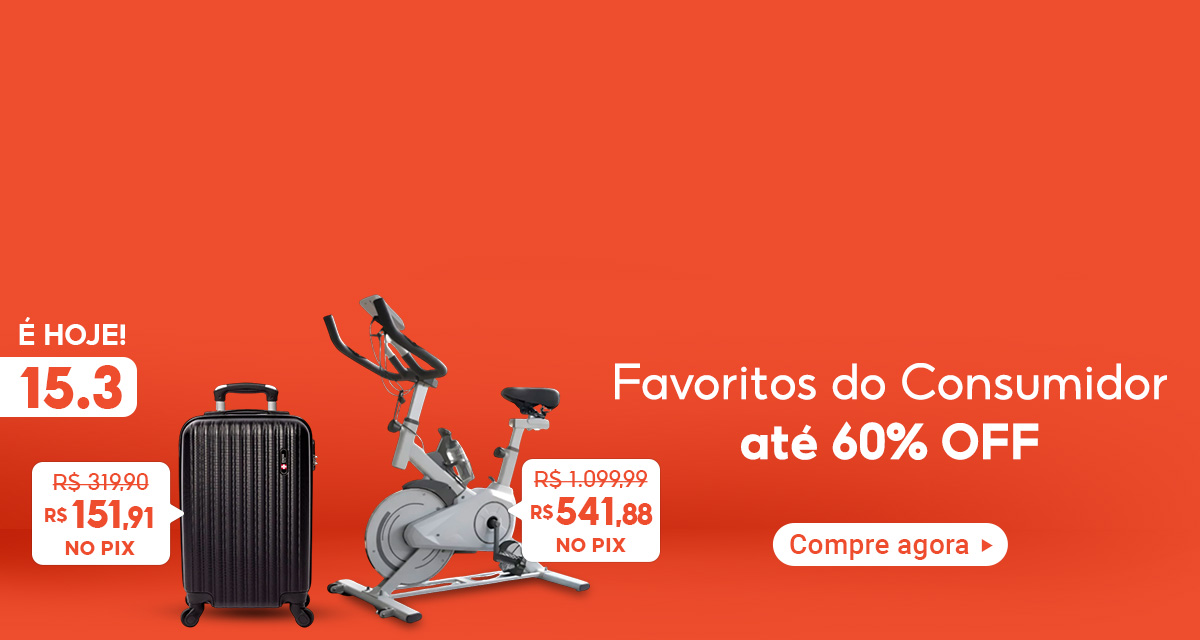 É hoje 15 do 3. Favoritos do Consumidor até 60 por cento OFF. Compre agora. Mala de viagem de 319,90 reais por 151,91 reais no pix. Bike Ergométrica de 1.099,99 reais por 541,88 reais no pix. 