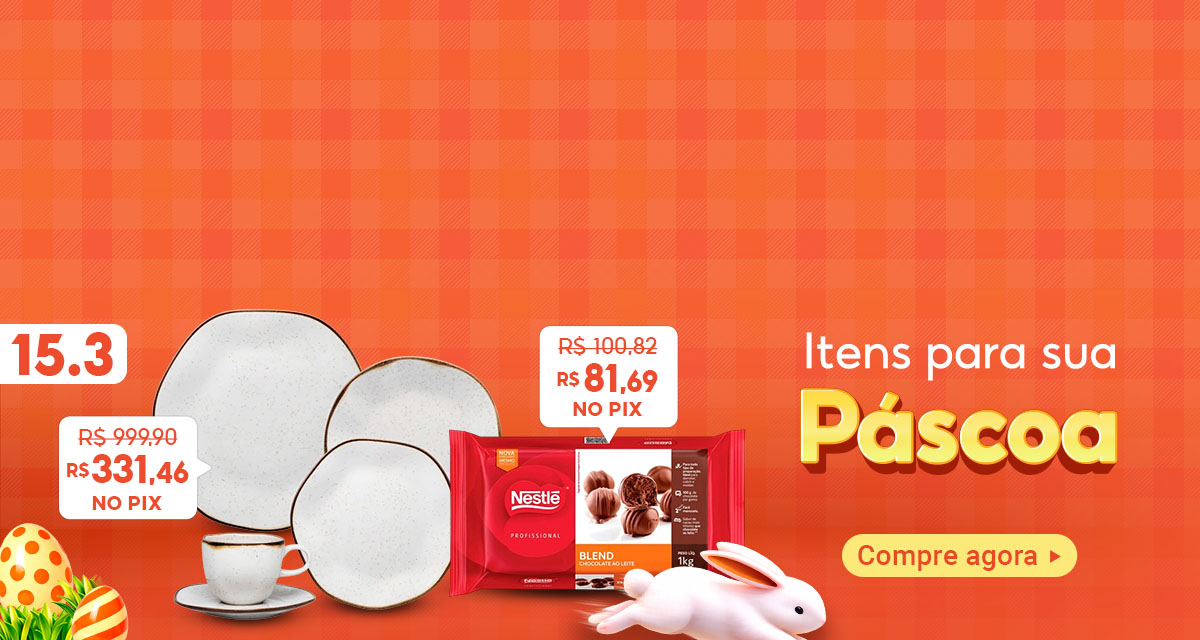 15.3. Itens para sua páscoa. Aparelho de Jantar. De R$999,90 por R$331,46 (No pix). Chocolate Nestlé Blend De R$100,82 por R$81,69 (No pix). Compre agora.