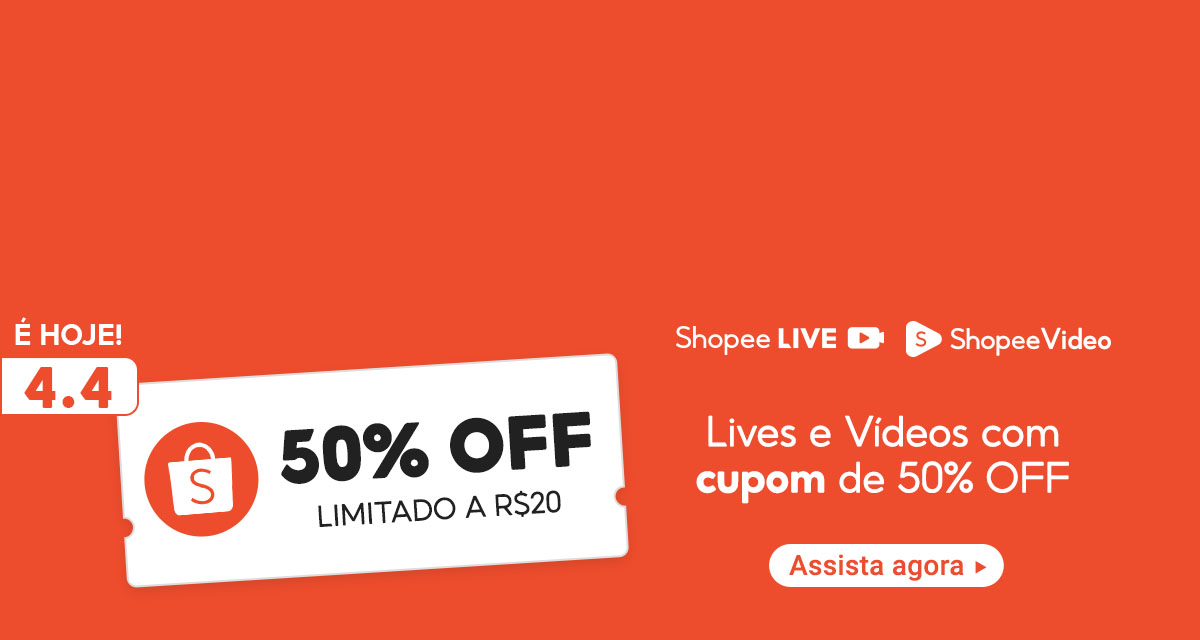 É hoje. 4.4 50 por cento off limitado a 20 reais. Shopee Live. Shopee Vídeos. Lives e Vídeos com cupom de 50 por cento off. Assista agora.