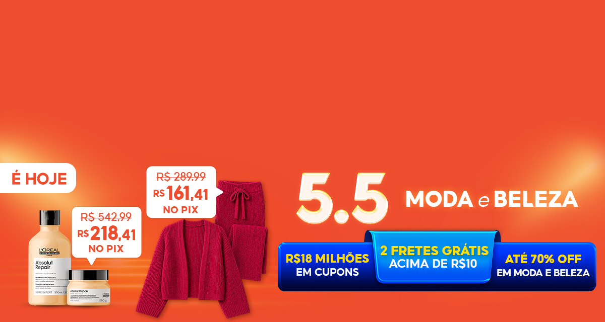 É hoje. 5 o 5 moda e beleza. 18 milhões em cupons, 2 fretes grátis acima de 10 reais. Até 70 por cento off em moda e beleza. Conjunto Feminino de (Vermelho Framboesa) e 289,99 por 161,41 no pix. Kit Loréal Profissionnel de 542,99 por 218,41 no pix.